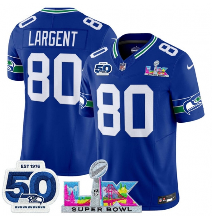 Men's Seattle Seahawks #80 Steve Largent Royal 2025 F.U.S.E. Super Bowl LX And 50th Season Vapor Throwback Limited Football Stitched Jersey