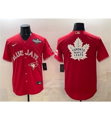 Men's Toronto Blue Jays & Leafs Red 2025 World Series With White Leafs Logo Cool Base Stitched Baseball Jersey