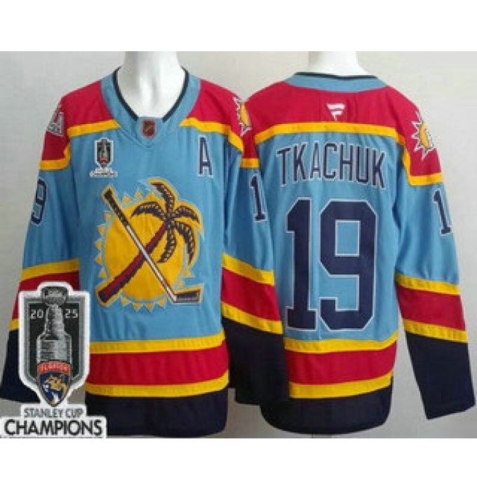 Men's Florida Panthers #19 Matthew Tkachuk Blue 2025 Stanley Cup Champions Authentic Jersey