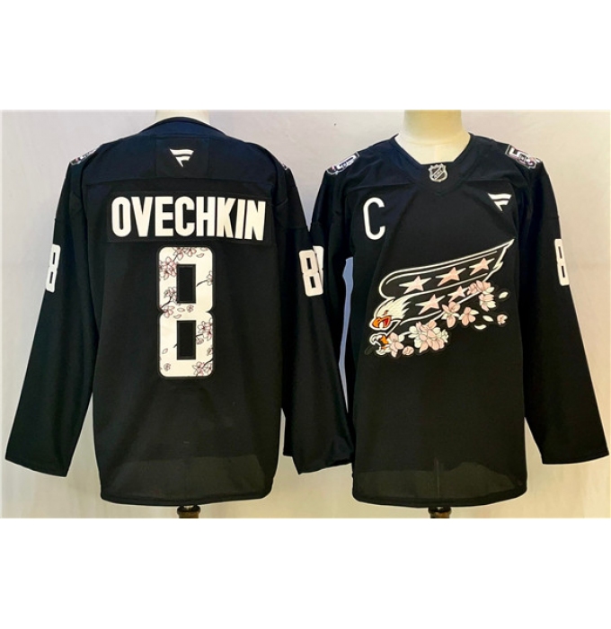 Men's Washington Capitals #8 Alex Ovechkin Black Cherry Blossom With C Stitched Hockey Jersey