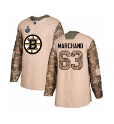 Men's Boston Bruins #63 Brad Marchand Authentic Camo Veterans Day Practice 2019 Stanley Cup Final Bound Hockey Jersey