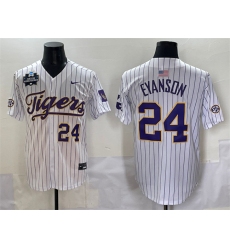 Men's LSU Tigers #24 Anthony Eyanson White Pinstripe 2025 World Series & SEC Patch Stitched Baseball Jersey