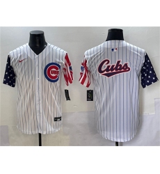 Men's Chicago Cubs Team Big Logo White Pinstripe 2025 Independence Day Vapor Premier Limited Stitched Baseball Jersey