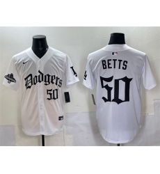 Men's Los Angeles Dodgers #50 Mookie Betts White 2025 LA Gothic Style With 2024 World Series Champions Vapor Premier Limited Stitched Baseball Jersey
