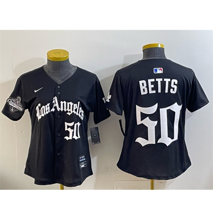 Women's Los Angeles Dodgers #50 Mookie Betts Black 2025 World Series Champions LA Gothic Edition Limited Stitched Baseball Jersey(Run Small)