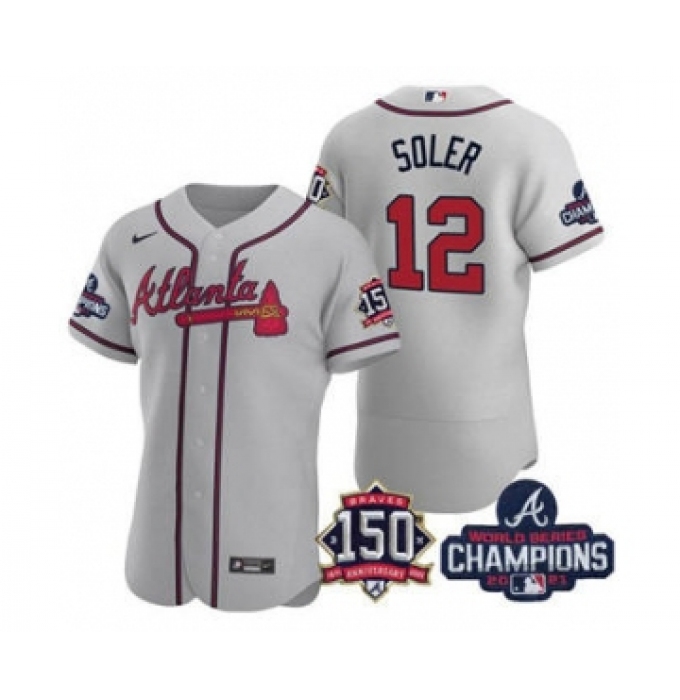 Men's Atlanta Braves #12 Jorge Soler 2021 Gray World Series Champions With 150th Anniversary Flex Base Stitched Jersey