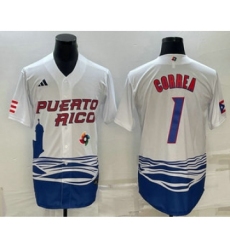 Men's Puerto Rico Baseball #1 Carlos Correa White 2023 World Baseball Classic Stitched Jersey