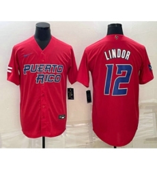 Mens Puerto Rico Baseball #12 Francisco Lindor Number 2023 Red World Baseball Classic Stitched Jersey