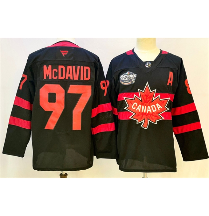 Men's Canada #97 Connor McDavid Black 2025 4 Nations Face-Off Premium With A Stitched Jersey