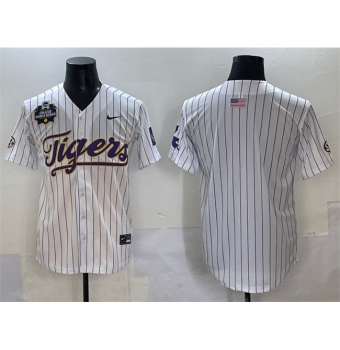 Men's LSU Tigers Blank White Pinstripe 2025 World Series & SEC Patch Stitched Baseball Jersey