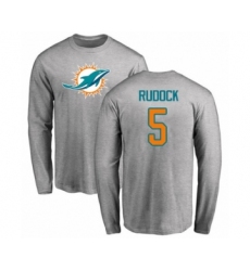 Football Miami Dolphins #5 Jake Rudock Ash Name & Number Logo Long Sleeve T-Shirt