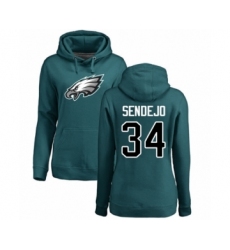 Women's Philadelphia Eagles #34 Andrew Sendejo Green Name & Number Logo Pullover Hoodie
