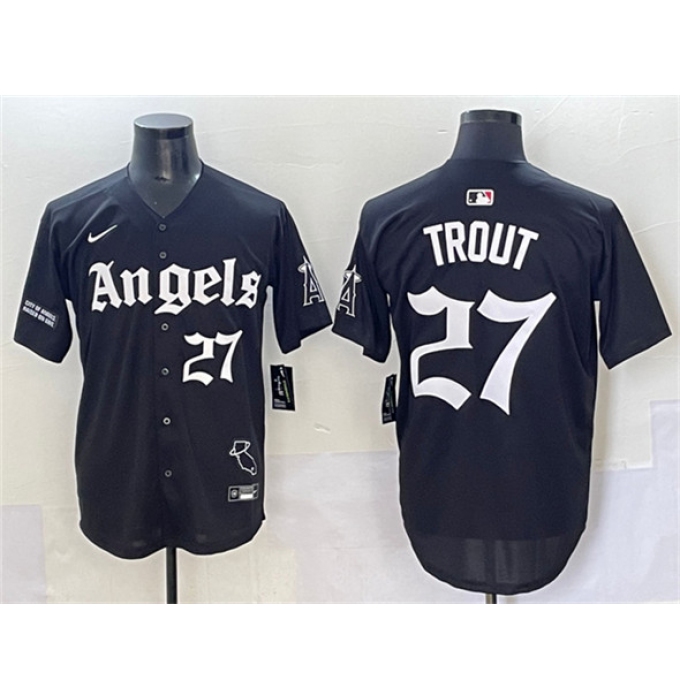 Men's Los Angeles Angels #27 Mike Trout Black 'Gothic Halo Edition' Vapor Limited Stitched Jersey