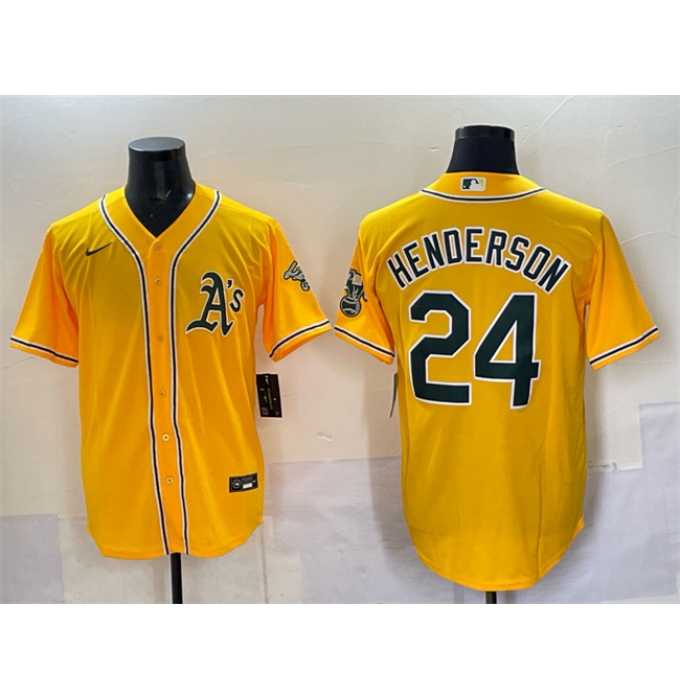 Men's Oakland Athletics #24 Rickey Henderson Yellow With Stitched Baseball Jersey