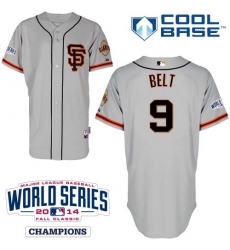 Men's Majestic San Francisco Giants #9 Brandon Belt Replica Grey Road 2 Cool Base w/2014 World Series Patch MLB Jersey