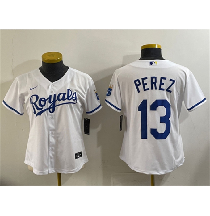 Women's Kansas City Royals #13 Salvador Perez White Cool Base Stitched Jersey(Run Small)