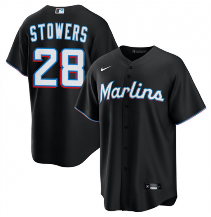 Men's Miami Marlins #28 Kyle Stowers Black Cool Base Stitched Baseball Jersey